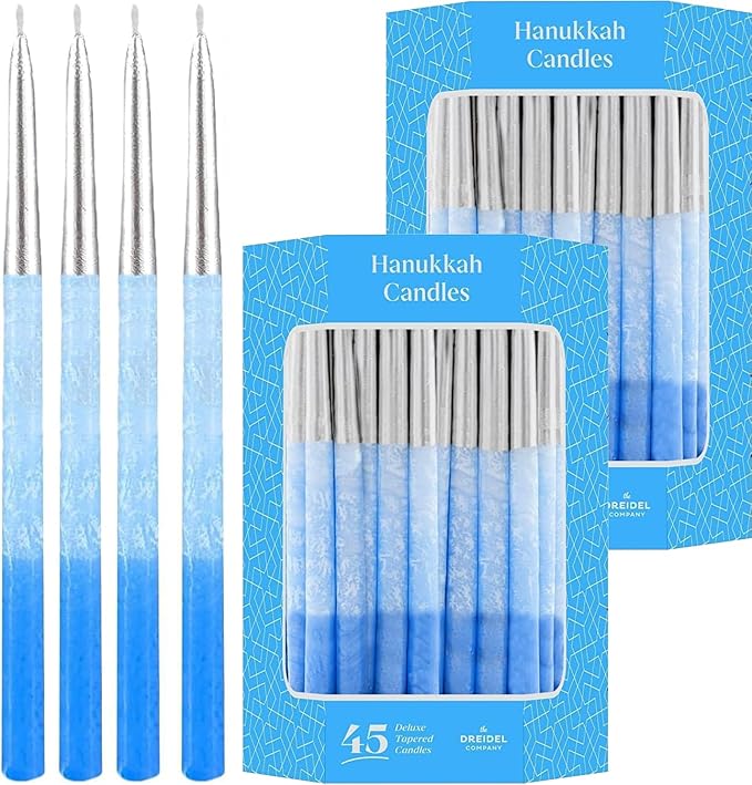 The Dreidel Company 2-Pack 45 Metallic Hanukkah Frosted Premium Tapered Hand Decorated Chanuka Candles Metallic Silver Blue Frost 1-Hour Burn Time
