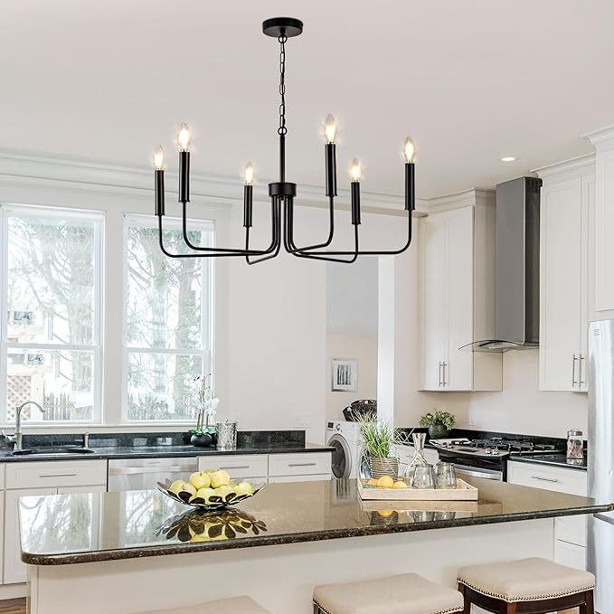 Farmhouse Candle Chandelier, 6 Light Rustic Black Ceiling Pendant Light Fixture, L-Arm Design Industrial Dining Room Hanging Lighting for Living Room, Entryway, Foyer, Kitchen Island