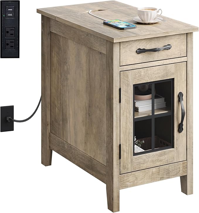 WLIVE End Table with Charging Station, Narrow Side Table for Living Room, Farmhouse Night Stand with Storage, Small Wooden Cabinet Nightstand with USB Ports and Outlets, 23.7" D x 13.78" W x 23.7" H