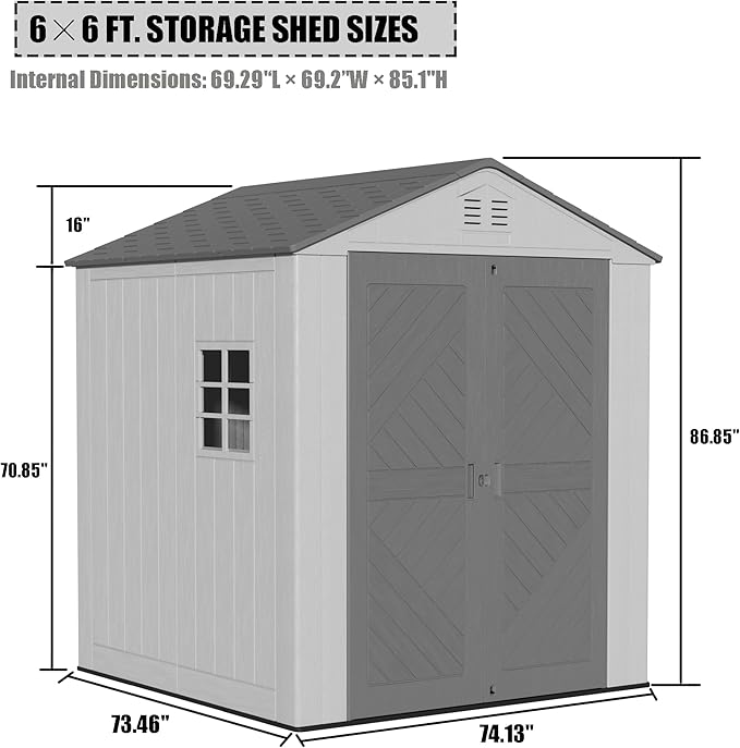 6x6 FT Storage Shed with Floor,HDPE Resin Outdoor Storage Shed Weather Resistant,Lockable Garden Sheds with Windows for Home/Garden Tools/Backyard/Lawn Mower/Bike Storage(Gray)
