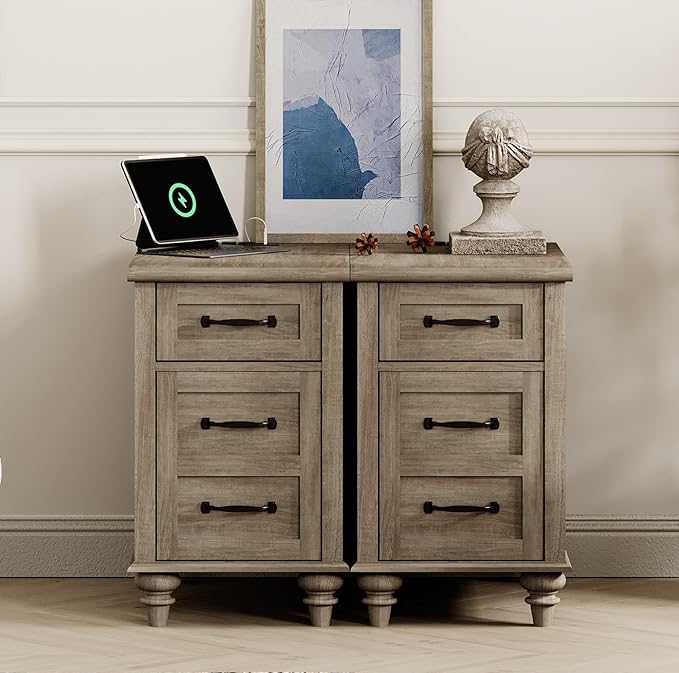 WAMPAT 2 Pack End Tables with Charging Station, Farmhouse Side Table with Drawer & Storage Cabinet, Gray Nightstand with Power Outlets & USB Ports for Living Room, Bedroom