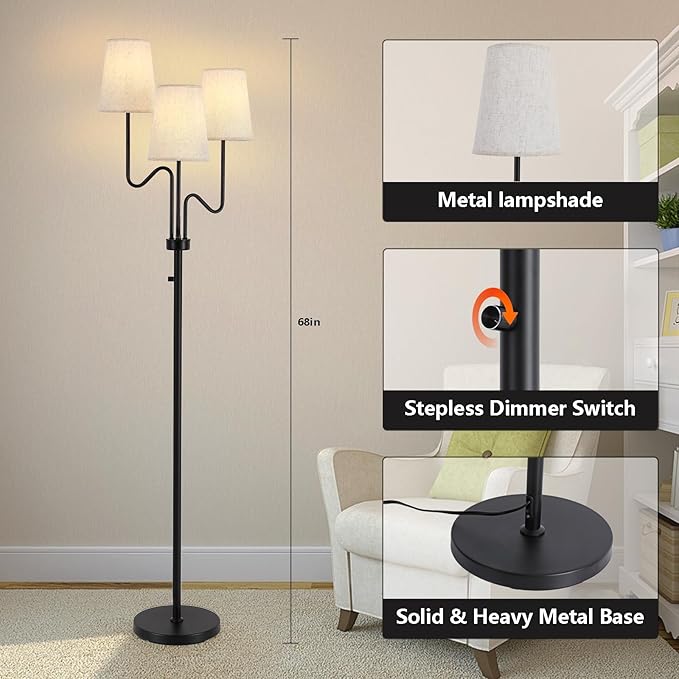 9MMML Farmhouse Dimmable Floor Lamp, Rustic 3-Light Floor Lamp with Fabric Shade, 68'' Tall Floor Standing Lamp for Living Room, Bedroom, Office, Corner, 3 x E26 LED Bulb Included