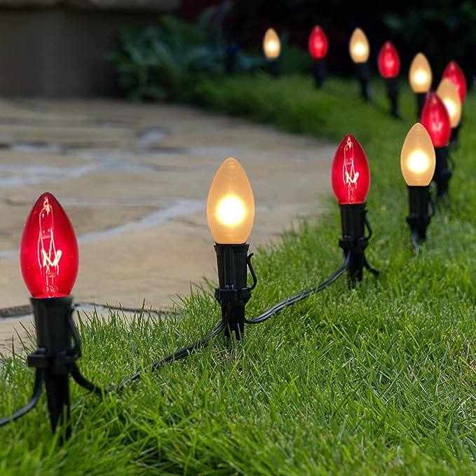 25Ft C9 Christmas Lights Outdoor, Vintage Multicolor String Lights with 26 C9 Clear Red/Frosted White Bulbs for Christmas Tree, Roofline, Garden, Patio, Cafe, Xmas Decorations