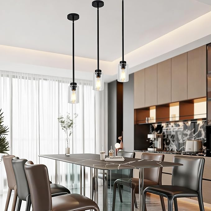 Black Pendant Lights Kitchen Island,Clear Glass Pendant Light Fixture Multiple Stems Rods 3 Units 12 Inch 3 Units 4 Inch