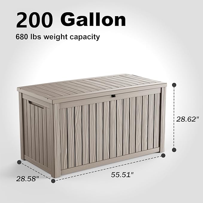 200 Gallon Outdoor Storage Box Waterproof - Outside Resin Deck Box, Lockable Storage Bin for Patio Furniture,Garden Tools,Cushions,Pool Accessories(Grey)