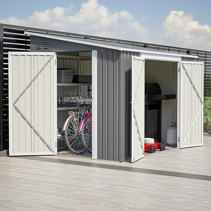 8x6 FT Outdoor Storage Shed with Sloping Roof, Lockable Double Doors & Adjustable Side Door, Weatherproof with Frame Floor, Compact Metal Tool Shed for Garden, Backyard and Patio