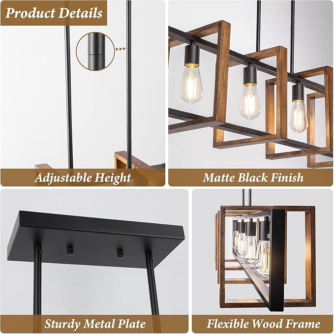 4 Lights Dining Room Light Fixture, Farmhouse Kitchen Island Lighting Wood and Black Metal Rectangular Hanging Chandelier for Ceiling Living Room, Modern Rustic Pendant Lighting Fixture Over Table