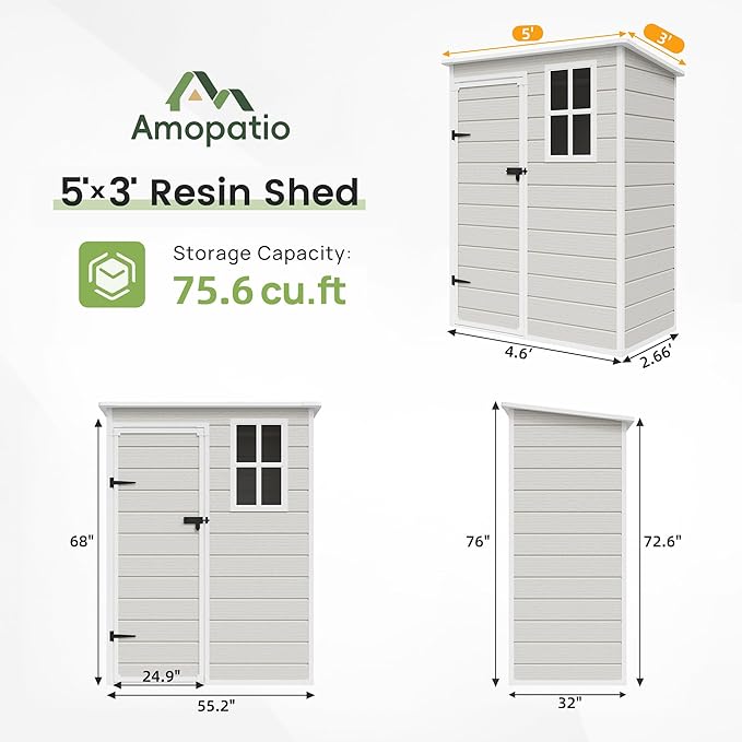 Amopatio Outdoor Storage Shed with Floor,5x3 FT Lockable Plastic Tool Shed with Ventilation,Waterproof Resin Garden Sheds for Backyard,Patio,Lawn and Bike Bedge