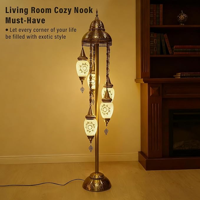Turkish Floor Lamp, 154CM Moroccan Bohemian Style Living Room Decor, Handcrafted Mosaic Metal Base, Includes 5 Olive Shape Lampshades (XGL Floor-03)