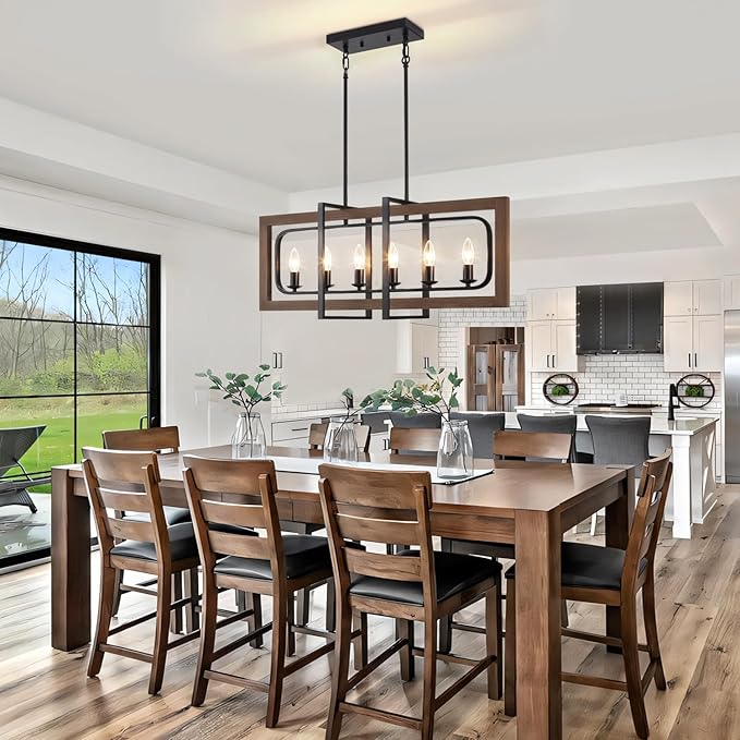 Farmhouse Dining Room Light Fixtures Over Table, 6-Light Rustic Wood Chandeliers Rectangle Kitchen Island Lighting Hanging Pendant Lights Kitchen Chandelier Adjustable Height