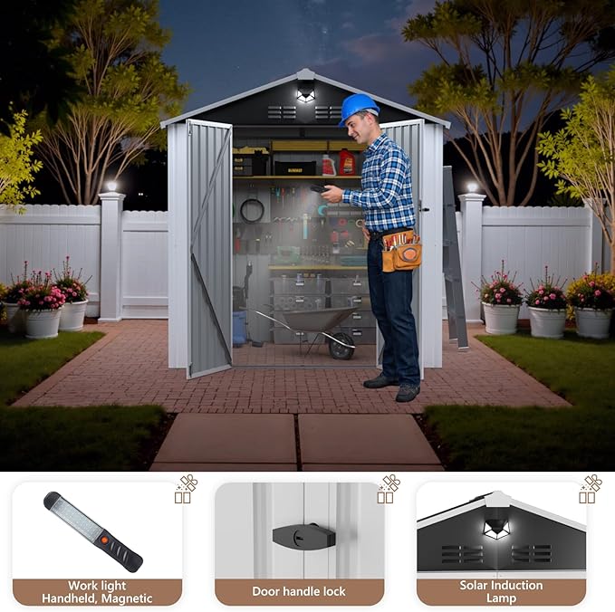8x6 FT Outdoor Storage Shed, Metal Sheds & Outdoor Storage, Waterproof Sheds with Lockable Doors for Backyard (White, No Window)