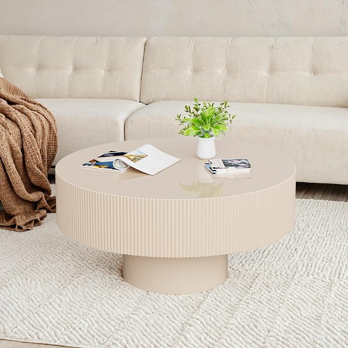 Round Drum Coffee Table, Modern Luxury Spacious Fluted Center Table for Small Space - Home Office Apartment (Lvory White)