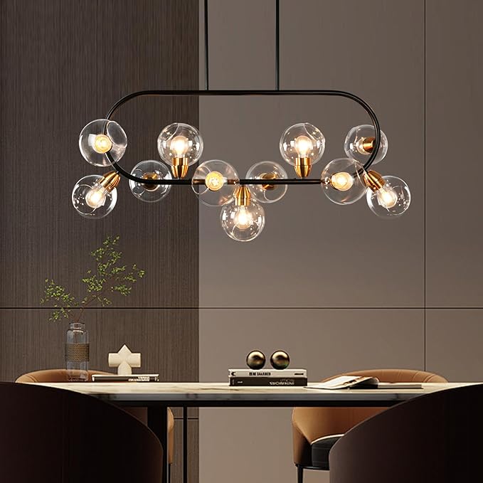 Linear Chandelier for Dining Room 45'' Black and Gold Island Lights Rectangle Dining Room Light Fixture 11-Light Modern Farmhouse Chandelier with Clear Glass Large Mid Century Island Pendant Light