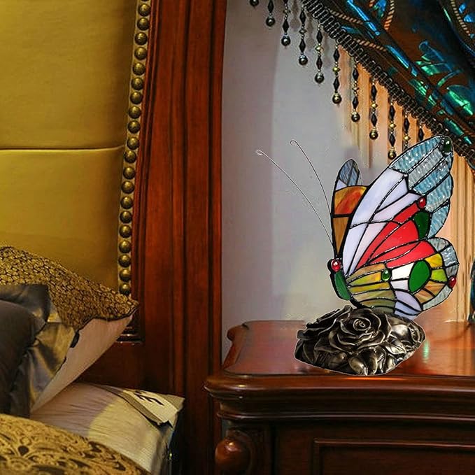 Bedside Tiffany Table Lamp LED Blue Red Butterfly Stained Glass Nightstand Table Lamps ON Off Switch Home Office Desk Lamp Night Light Girl Grandma Mothers Day Gifts W/Gift Box