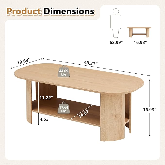 43.3” Oval Coffee Table for Living Room, Wood Farmhouse Coffee Tables with Storage, 2-Tier Center Table with Storage Shelf Low Tea Table for Small Space, Home, Office, Easy Assembly (Natural)