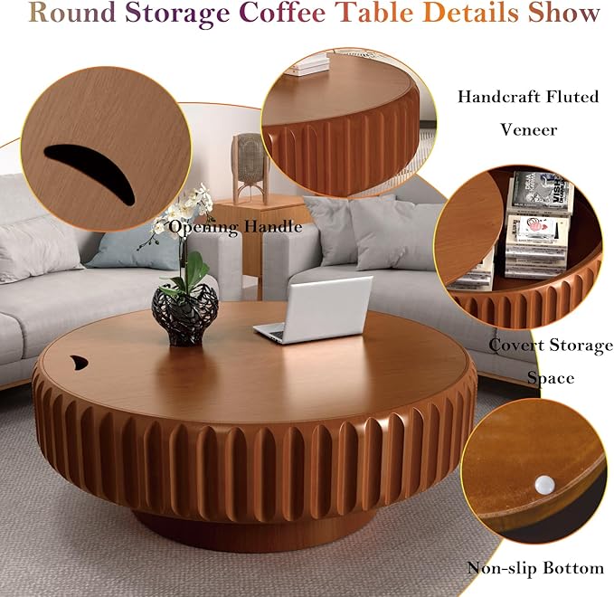 39.37" Round Drum Coffee Table with Storage Retro Rustic Center Table - Solid Wood Handcrafted Relief Veneer for Farmhouse Apartment (B Round 39.37in)