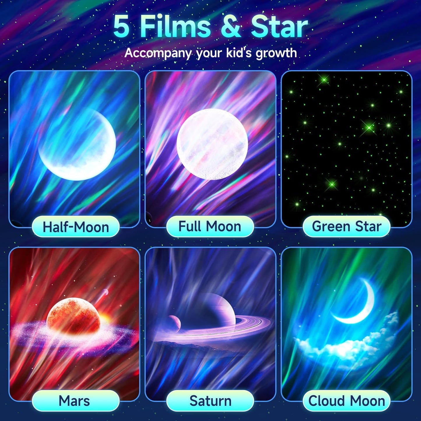 Northern Galaxy Light Projector, 300+Modes & 5 Films Star Projector, 15 White Noise & Bluetooth Northern Lights Projector,Moon Aurora Light Projector, Gifts Star Lights for Ceiling, Bedroom Decor