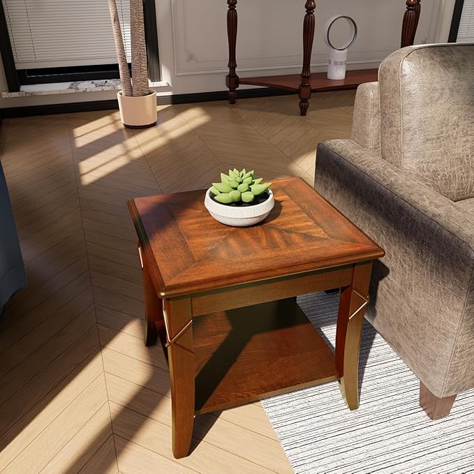 2-Set Solid Wood Side Table with Storage Shelf, Cherry Wood End Tables Living Room, Traditional Style End Table, Vintage Beside Table with Curved Legs for Apartment, Cherry Walnut Accent Table