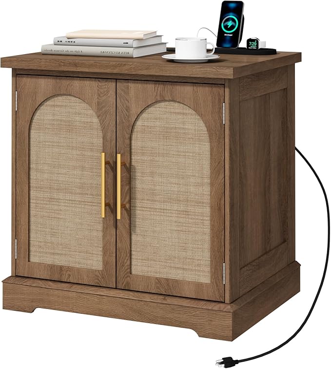 Set of 2 Rattan End Table with Charging Station, 24" Large Sofa Side Table with 2 Arched Doors, Boho Wood Square Nightstand Bedside Tables with Adjustable Storage Shelf