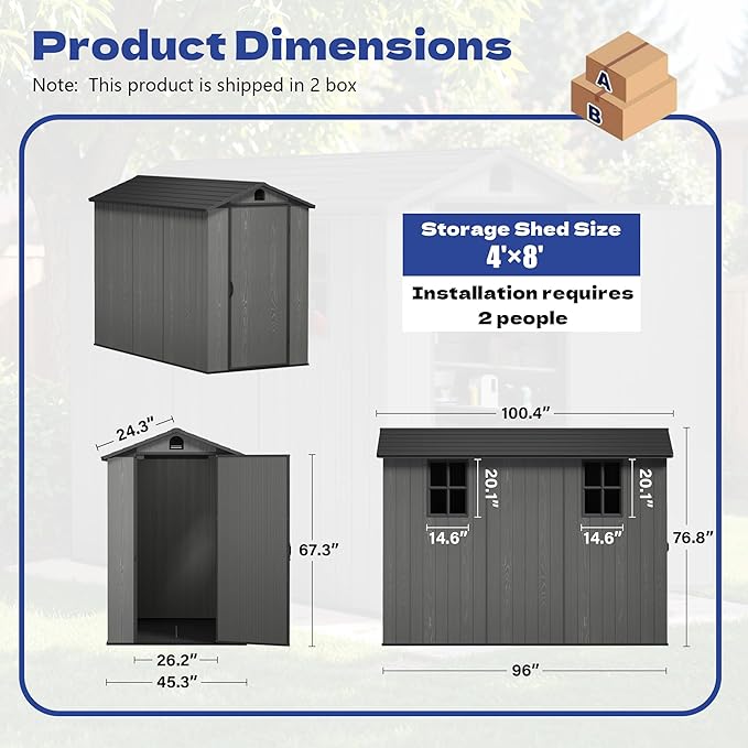 Greesum 4x8FT Plastic Storage Shed with Floor, Resin Outdoor Storaged Sheds with Lockable Door, All Weather Durable Tool Shed with Window and Vent, for Garden, Backyard, Patio, Dark Gray