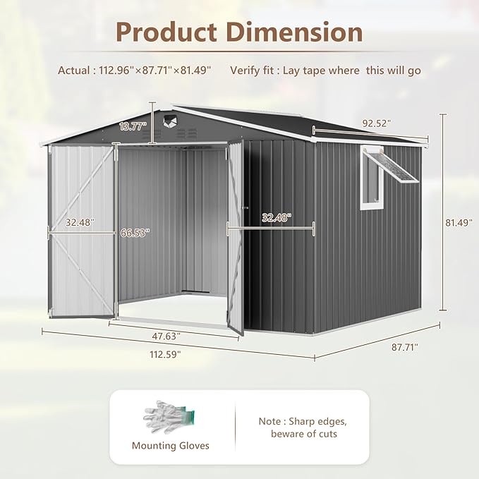 10x8 FT Outdoor Storage Shed, Metal Sheds & Outdoor Storage, Waterproof Sheds with Lockable Doors for Backyard (Black, with Window)