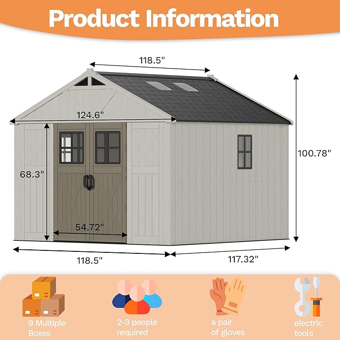 Devoko 10x10 FT Resin Outdoor Storage Shed with Floor, Plastic Tool Garden Shed with Windows & Lockable Door, Outside Large Storage Shed for Patio Backyard Lawn, Beige