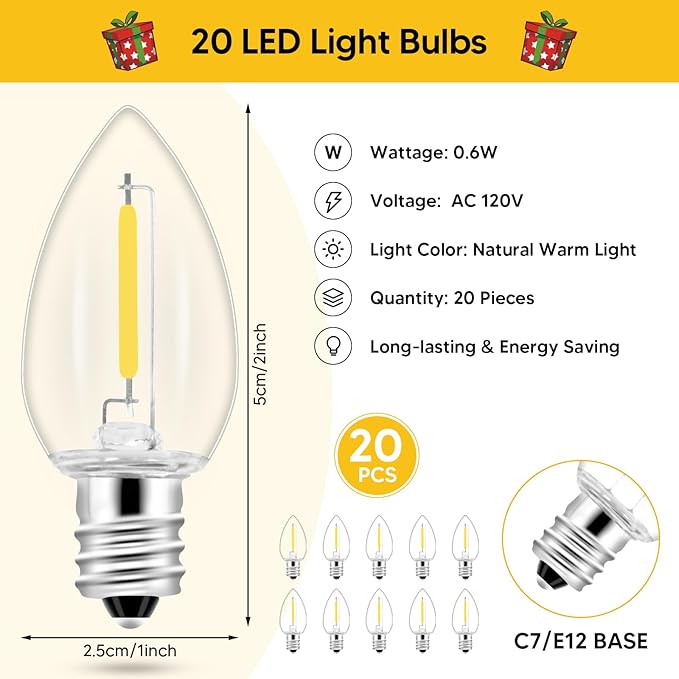 1Pack Accessory Cord with 20LED Light Bulbs and Outlet, Christmas Village Light 32.4FT String lights Cord 2Fuse C7/E12 Base Christmas Village Accessories for Halloween Christmas Village Houses