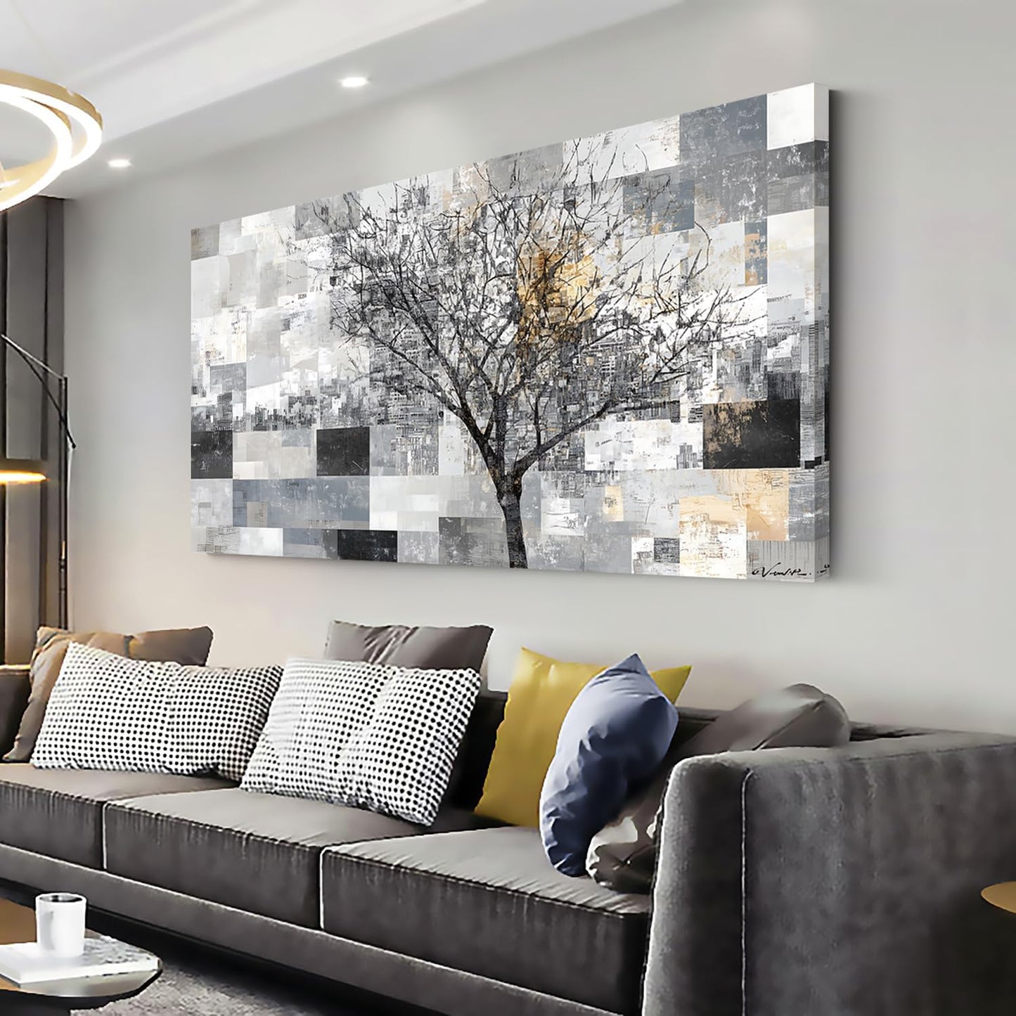 LASMOND Modern Abstract Tree Wall Art for Living Room Black and White Canvas Painting Wall Art Large Nature Landscape Artwork Bedroom Office Home Decor (40x20 Inches)