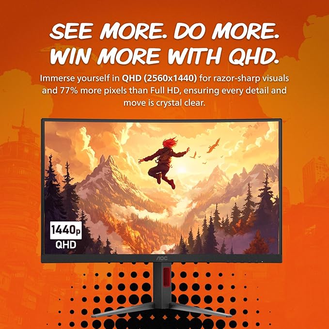 AOC CQ27G4ZH 27" Curved Gaming Monitor, QHD 2K 2560x1440, 1500R VA, 300Hz 0.3ms MPRT, HDMI x2, DP x1, Height Adjustable Stand, HDR, 3-Year Zero-Bright-dot