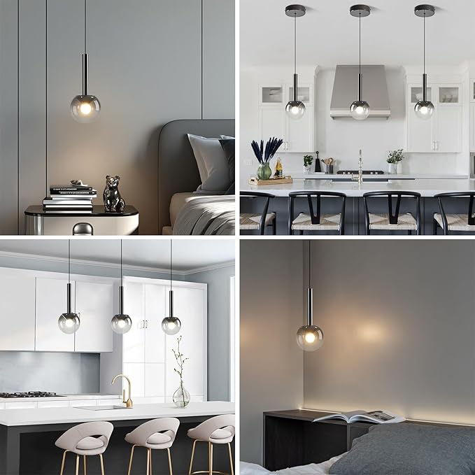 Globe Pendant Lighs for Kitchen Island,Modern LED Black Hanging Light Fixture with Gradient Smoke Glass Globe Glass Adjustable Ceiling Lights for Restaurant bar Sink Bathroom Entryway (3-Pack)