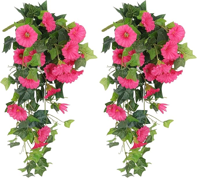 RECUTMS Artificial Fake Hanging Flowers Plants for Outdoor Decoration, 2 Pcs UV Resistant Faux Petunias Trailing Plants Realistic Flower Look Real for Door Wall Yard Porch Garden Planter (Rose Red)