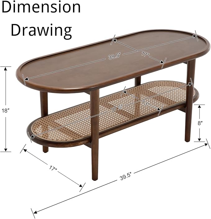 Modern Rattan Coffee Table, 39.5 Oval Walnut Wood Coffee Table with Storage Shelf for Living Room, 2-Tier Center Table Entryway Table Side Table Nightstand for Bedroom Office Small Space Cafe