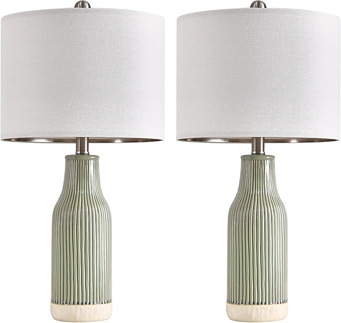 23.75" Modern Green Ceramic Table Lamp Set of 2 for Living Room, Farmhouse Bedside Nightstand Lamp for Bedroom Home Office Dorm