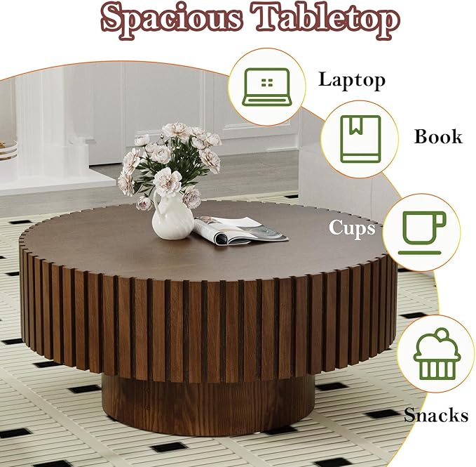 Contemporary Nesting Coffee Table Multi-Functional Stylish Round Wooden Center Table Set of 2, Smooth Tabletop & Stable Anti-Skid Leg (Round Walnut)
