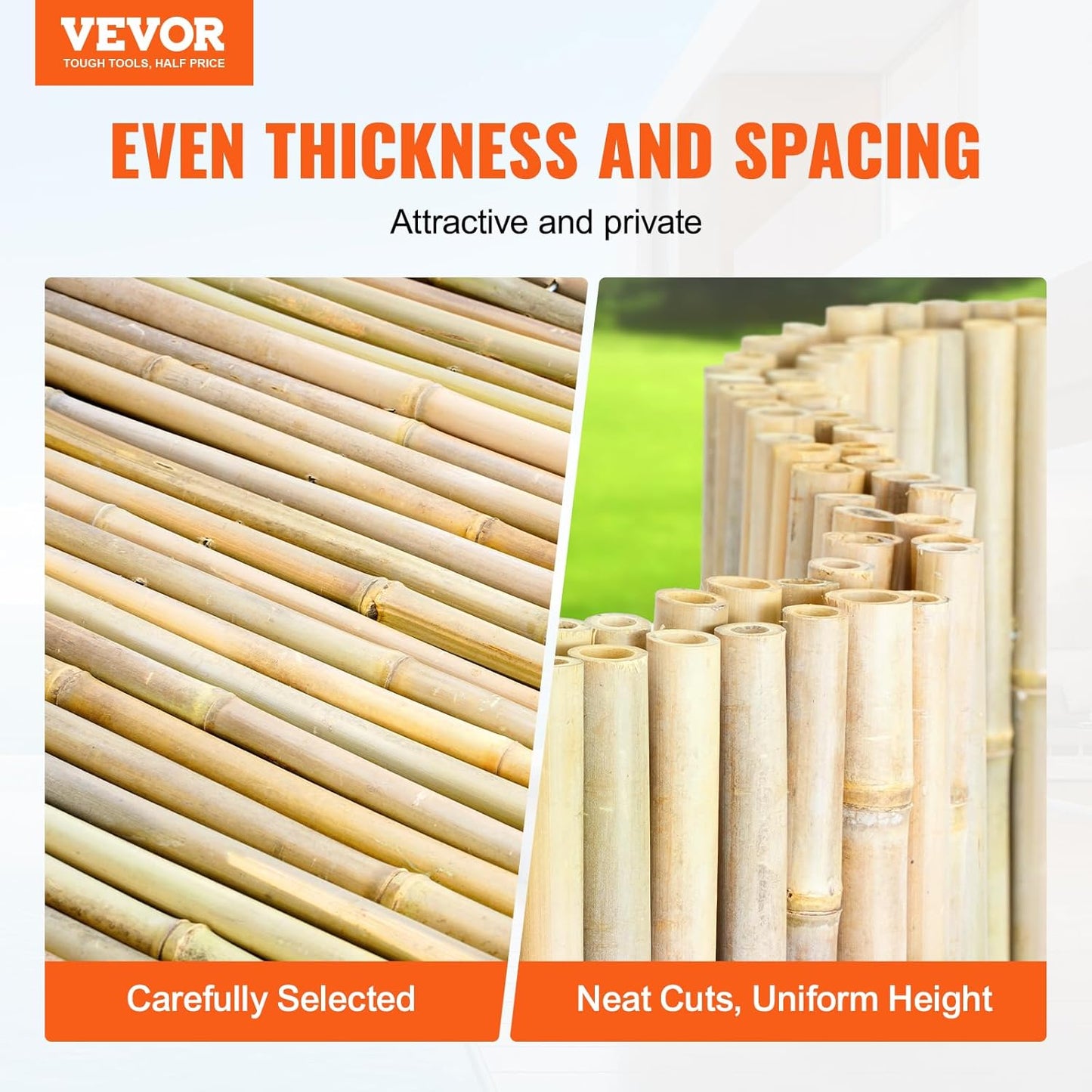 VEVOR Natural Rolled Bamboo Fence, Eco-Friendly Privacy Screen - 6 ft H x 8 ft L x 0.75 in D, Decorative for Garden, Backyard, Balcony, Patio, Pool Side