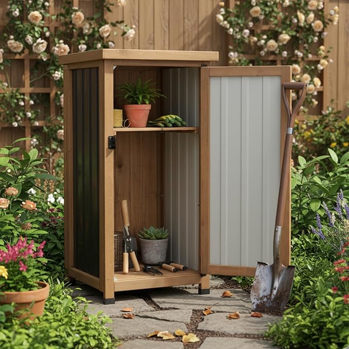 Small Outdoor Storage Cabinet, Wood & Metal Storage Shed with Weatherproof Roof, Removable Shelf, Lockable Door, 2 Metal Hinges, Adjustable Feet, Outside Storage Cabinet