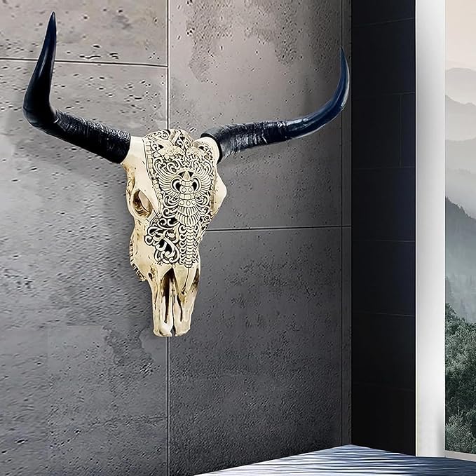 Cow Skull Wall Decor,Long Horn Cow Skull Wall Hanging,Cow Skull Wall Hanging Decor,Faux Taxidermy Head Wall Decor,Simulation Large Bull's Head Boho Style,Decor Wall Sculpture for Home Office (White)