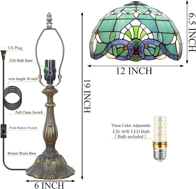 Tiffany Lamp Stained Glass Table Lamp Antique Bedside Reading Light W12H19 Inches (Baroque Style)