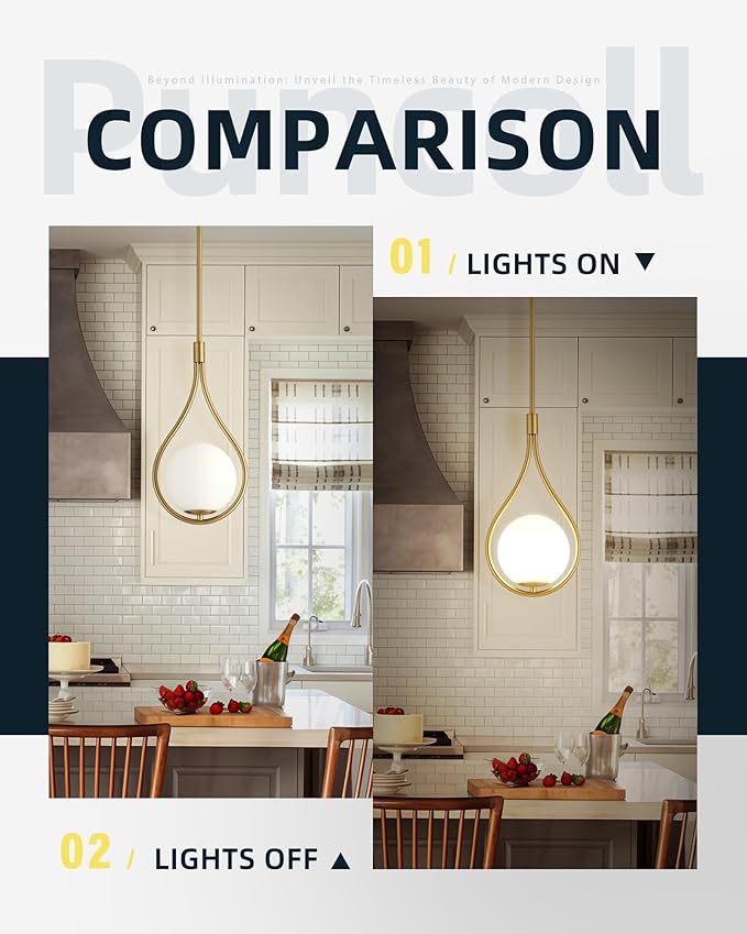 Gold Pendant Lights, 1-Light Pendant Lights Kitchen Island in Brushed Gold Finish with Milky White Globe Glass, Mid Century Pendant Light Fixtures, H9377 MGBG