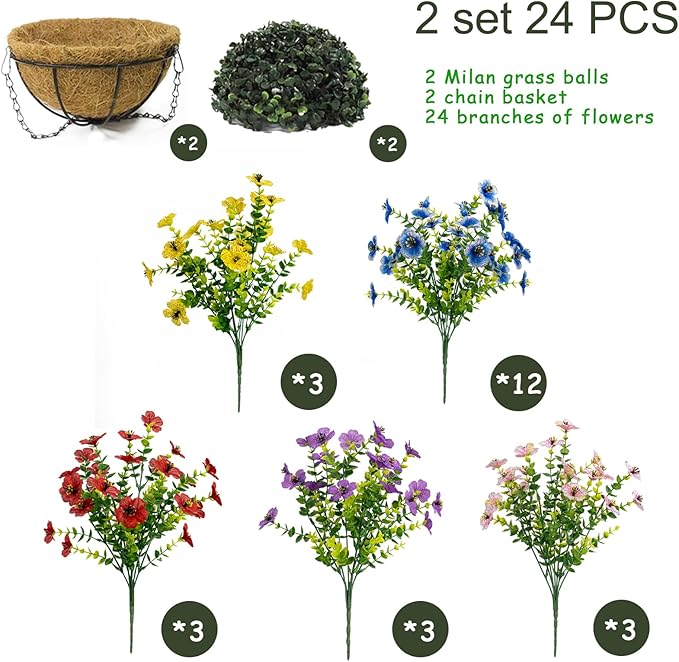Artificial Hanging Plants Flowers with Basket 2 Packs, Artificial Hanging Flowers for Outdoors, Faux Hanging Plants Outdoor, Fake Flowers, Yellow+Purple+Pink+Red&Blue