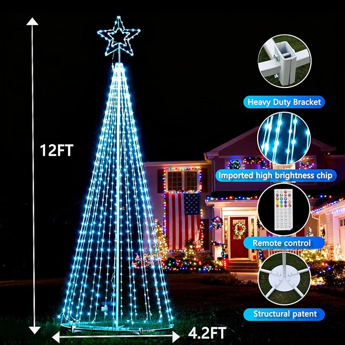 12Ft RGB Outdoor Lighted Christmas Tree Lights Cone Tall Star Topped Artificial Christmas Trees Outside Decor for Xmas New Year Holiday