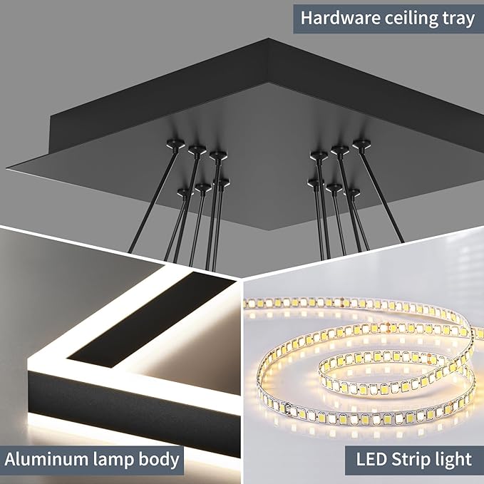 Modern Pendant Light Fixture, 3 Layer Square Black LED Chandelier for Dining Room Table, Dimmable 3000K-6500K, Adjustable Height Kitchen Island Ceiling Hanging Lighting for Living Room Bedroom