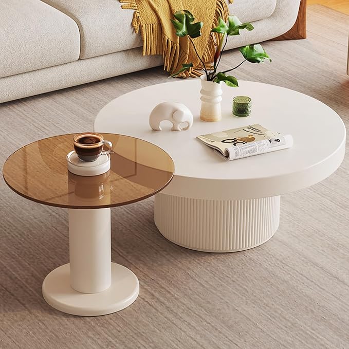 Nesting Coffee Table Set of 2, Round Shape Center & Small Tempered Glass Top Accent Side Table, Modern Home Decor Table Set for Living Room, Bedroom, Office