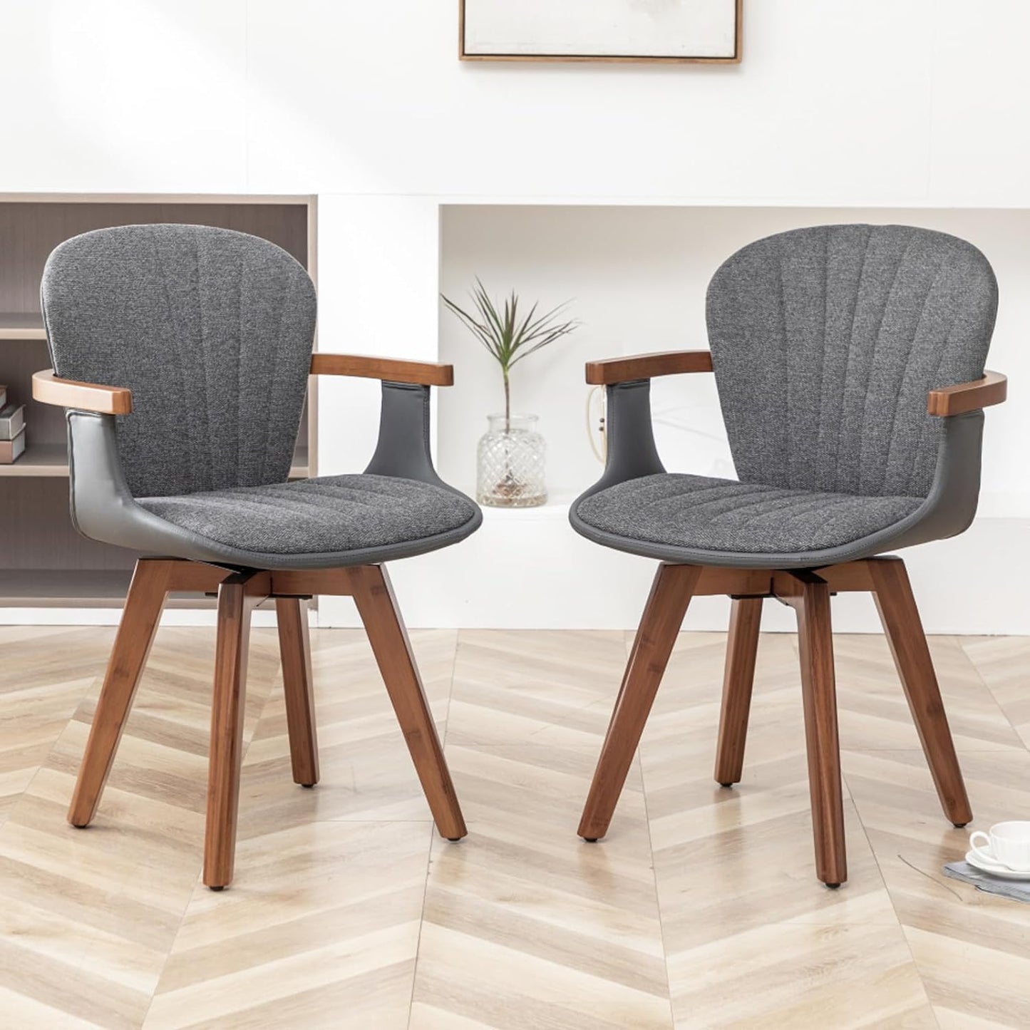 LUNLING Swivel Dining Chairs, Mid Century Modern Gray Fabric+Faux Leather Kitchen Chairs with Arms,Bamboo Legs Side Chairs No Wheels,Accent Chair for Dining Rooms and Offices(Gray Fabric,1PCS)