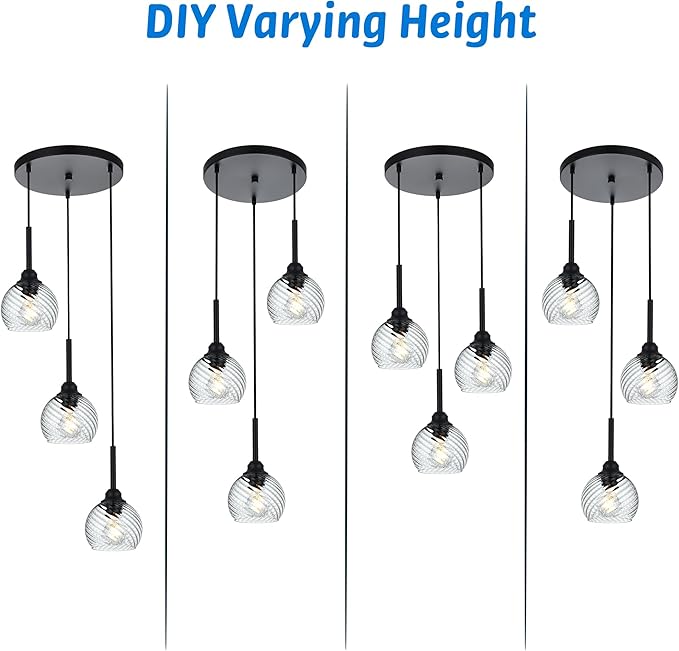 3 Light Black Cluster Pendant Light with Striped Swirl Globe Glass Pendant Lighting for Kitchen Island, Modern Dining Room Light Fixtures Over Table Hanging Ceiling Light, E26 Base