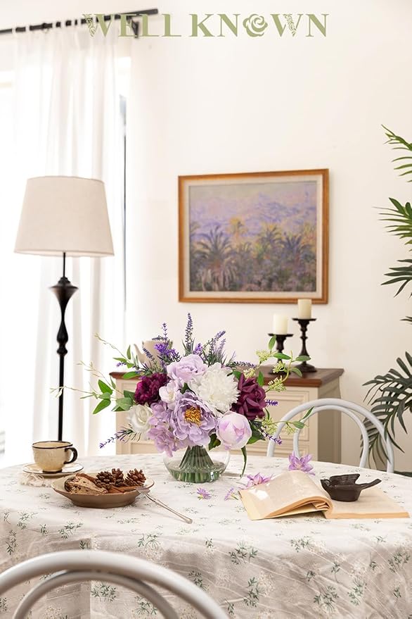 Artificial Flowers in Vase for Home Decor, Fake Lavender & Silk Peony Flower Bouquet Centerpieces in Glass Vase with Fake Water for Party Wedding Dinning Table Office Hotel Decor (Lavender Mixed Plus)
