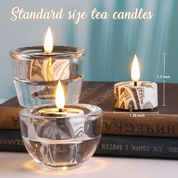 Eywamage Flameless Tealights with Remote Batteries, Dollar Pattern Flickering LED Tea Votive Candles Set of 12