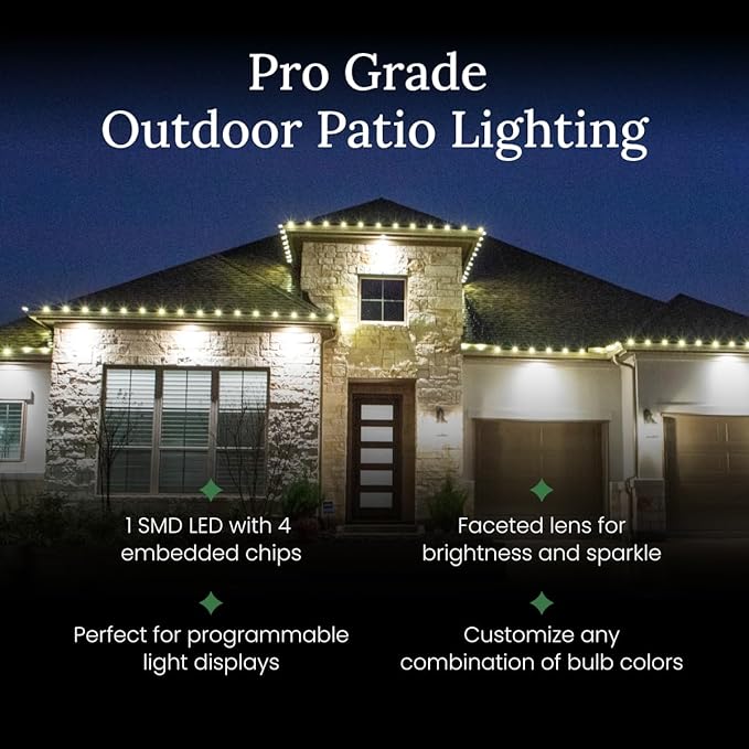 Pro Christmas C9 LED Christmas Light Kit for Rooflines & Pathways – DIY Cut to Length, Outdoor Commercial Grade (Green Wire w/Vampire Plugs, 25 Bulbs, 25 ft) Warm White