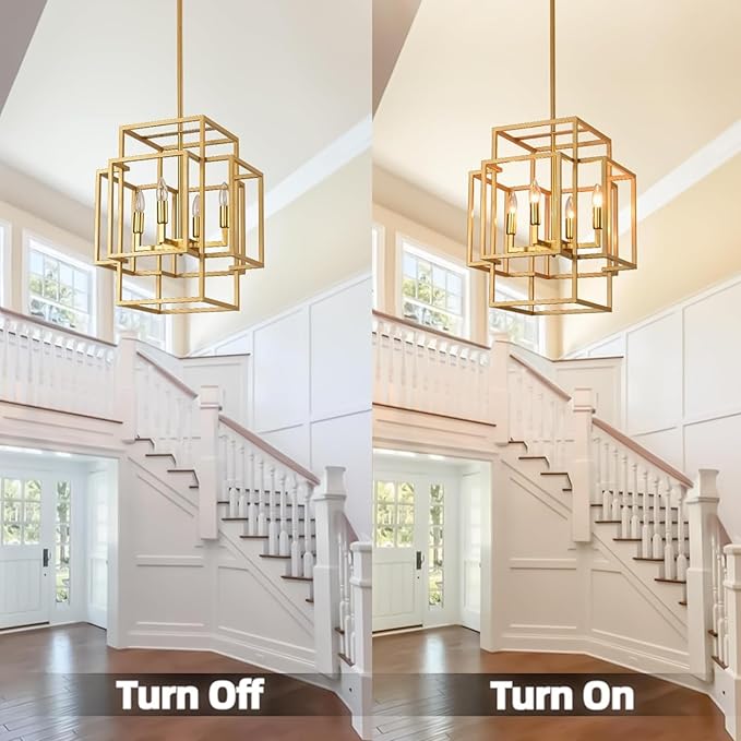 WJShome 4 Light Gold Chandelier, Industrial Ceiling Lantern Pendant Light Adjustable Height Farmhouse Foyer Lighting Fixtures, for Dining Room Kitchen Island, Entryway, Indoor