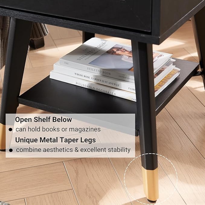 Mid Century Modern End Table with Charging Station, Small Side Table Nightstand with USB Ports & Outlets, Storage Drawer & Open Shelf, Black Boho Wood Table for Living Room, Bedroom, Office,Set of 2